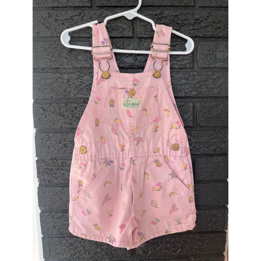 Vintage Cutecumber Pink Fruit Print Denim Shortalls Kids Size 4 Made in USA